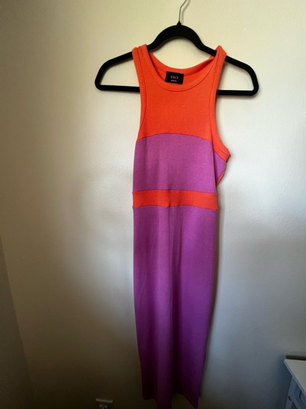 VICI Colorblock Ribbed Midi Dress Medium Orange Pink Racerback Bodycon